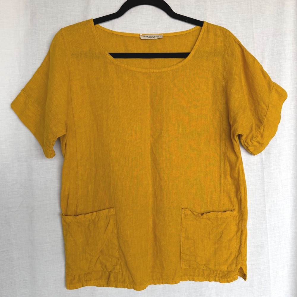 100% Linen Francesca Bettini Top Mustard Yellow Lagenlook Natural Fiber Medium